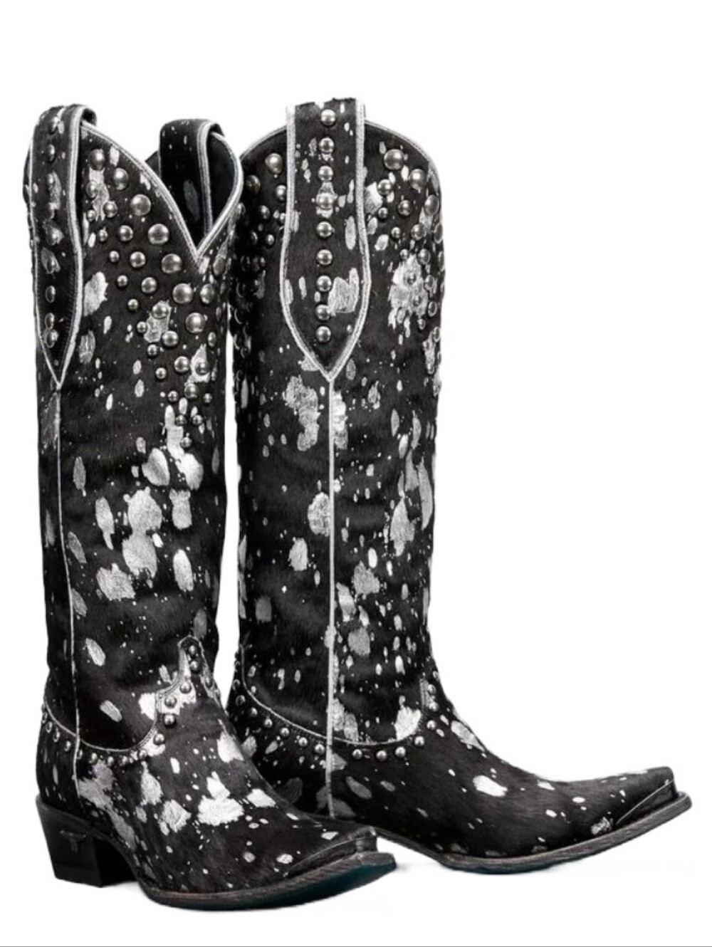 Lane Wild Hair Cinder Western Boots • Black & SilverHair-On-Hide • Studded • 7.5